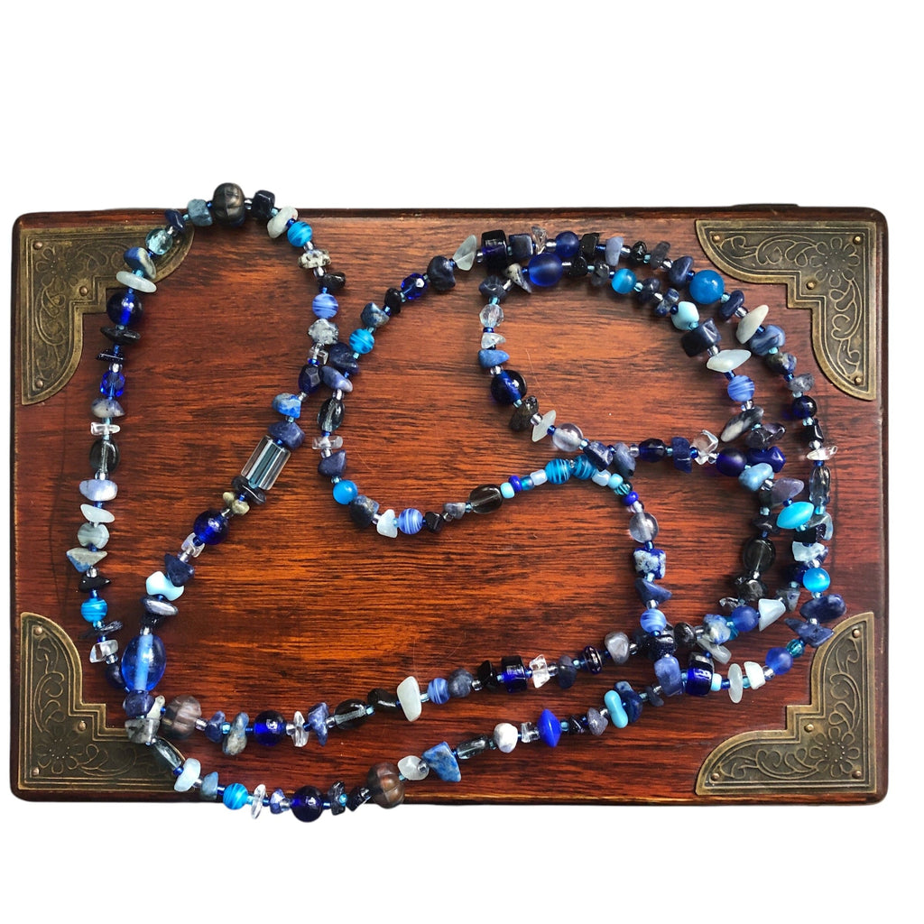 Blue Stones and Glass Beaded Long Necklace Silver Chamber Jewellery Store