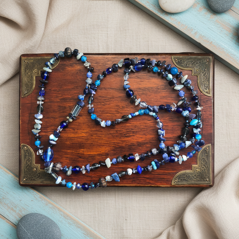 Blue Stones and Glass Beaded Long Necklace