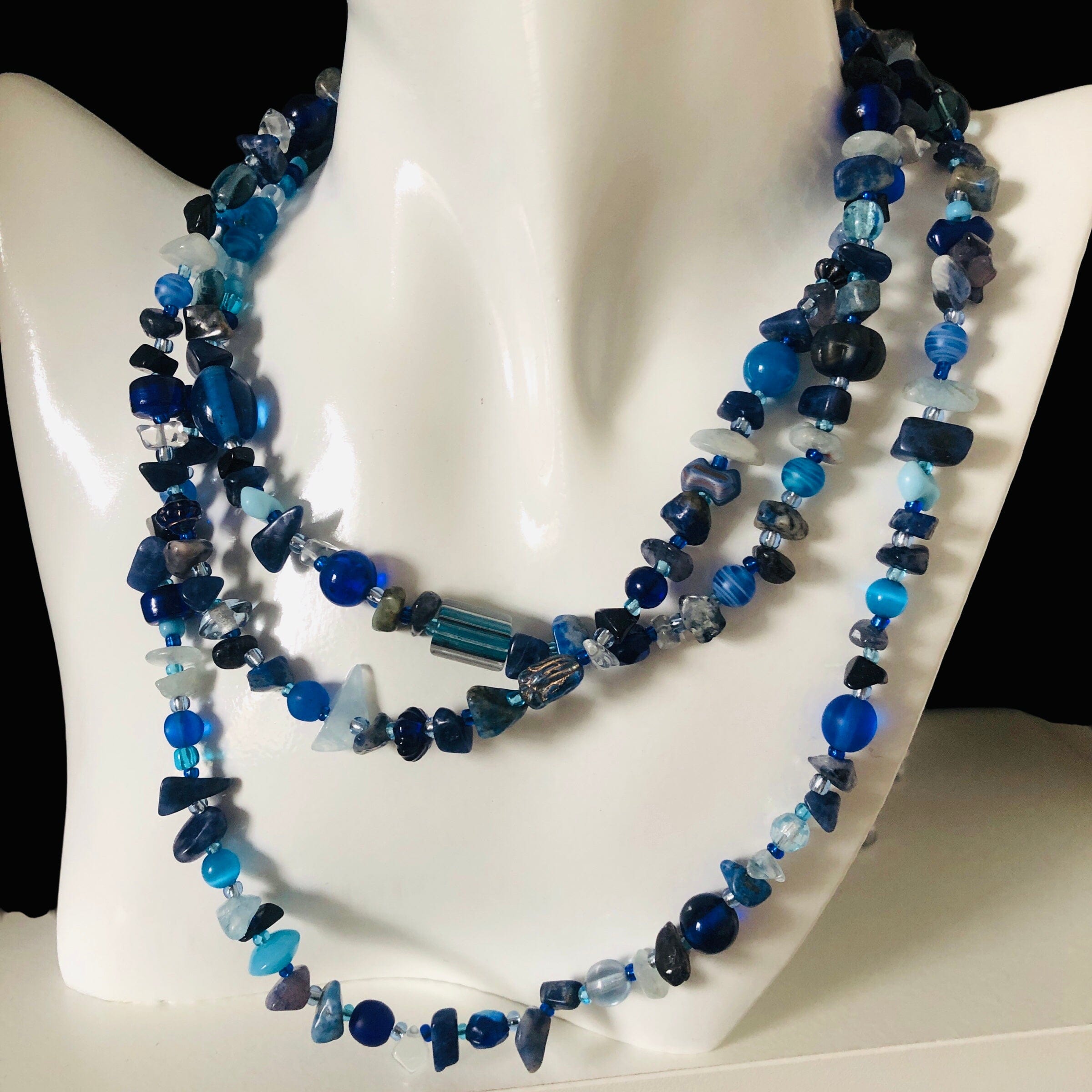 Blue Stones and Glass Beaded Long Necklace Silver Chamber Jewellery Store