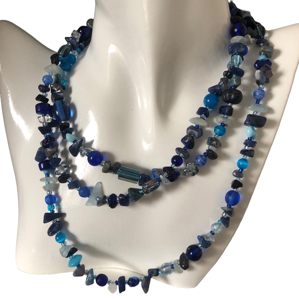 Blue Stones and Glass Beaded Long Necklace Silver Chamber Jewellery Store