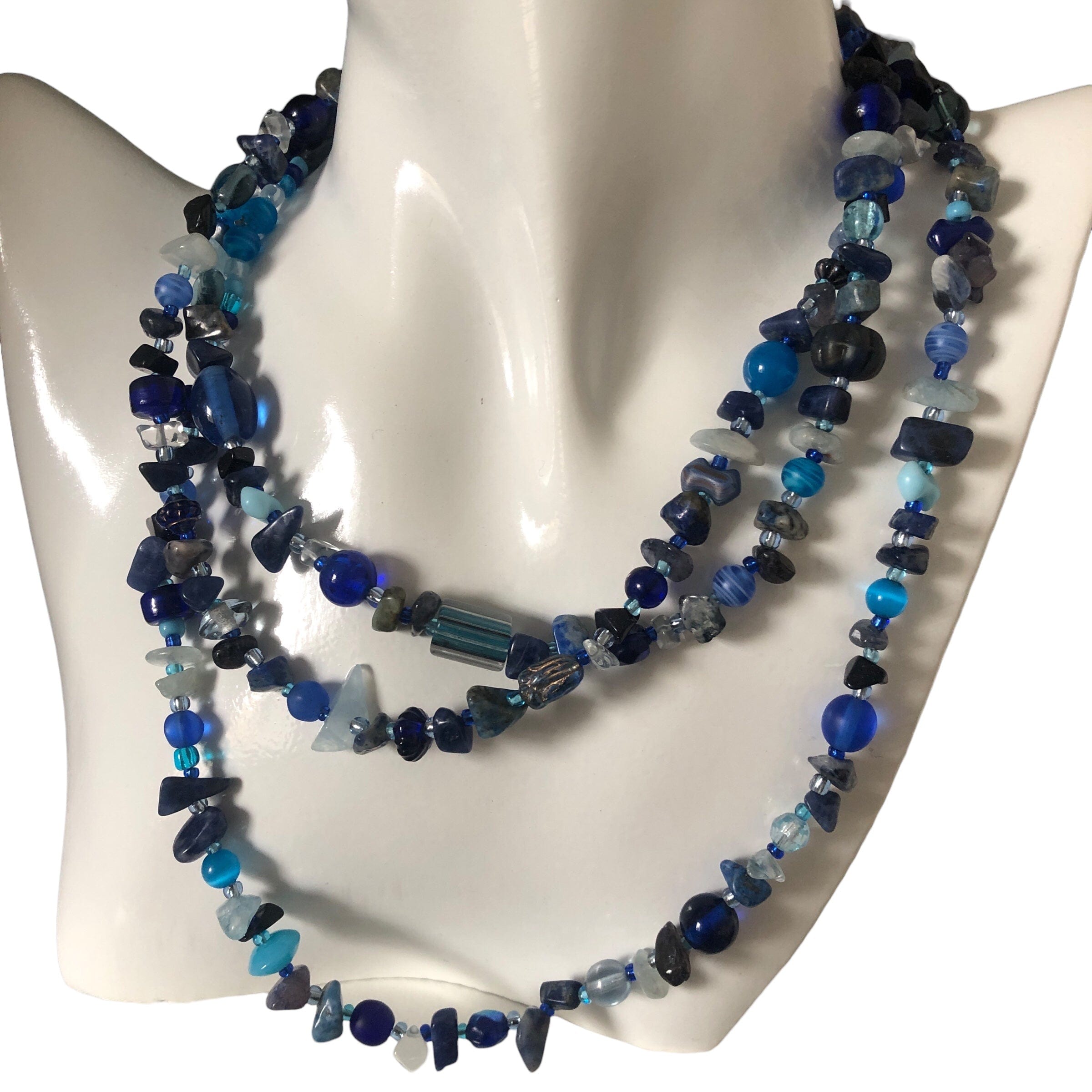 Blue Stones and Glass Beaded Long Necklace Silver Chamber Jewellery Store