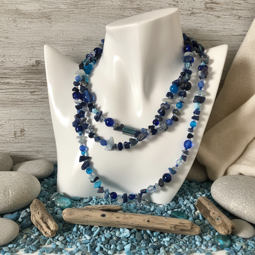 Blue Stones and Glass Beaded Long Necklace