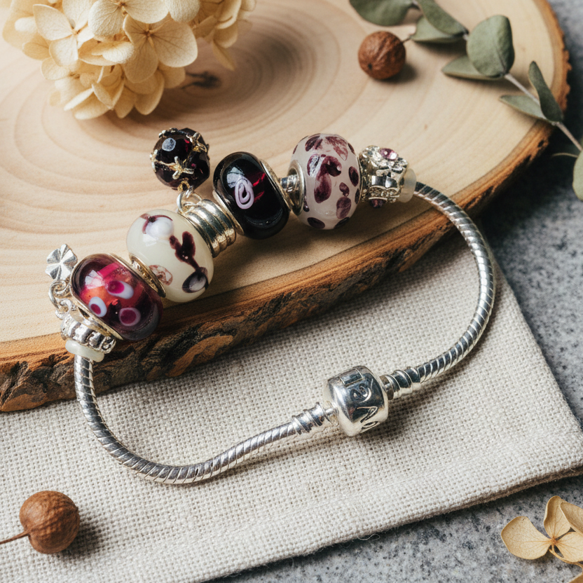 Burgundy Lampwork Charm Bracelet Silver Chamber Jewellery Store