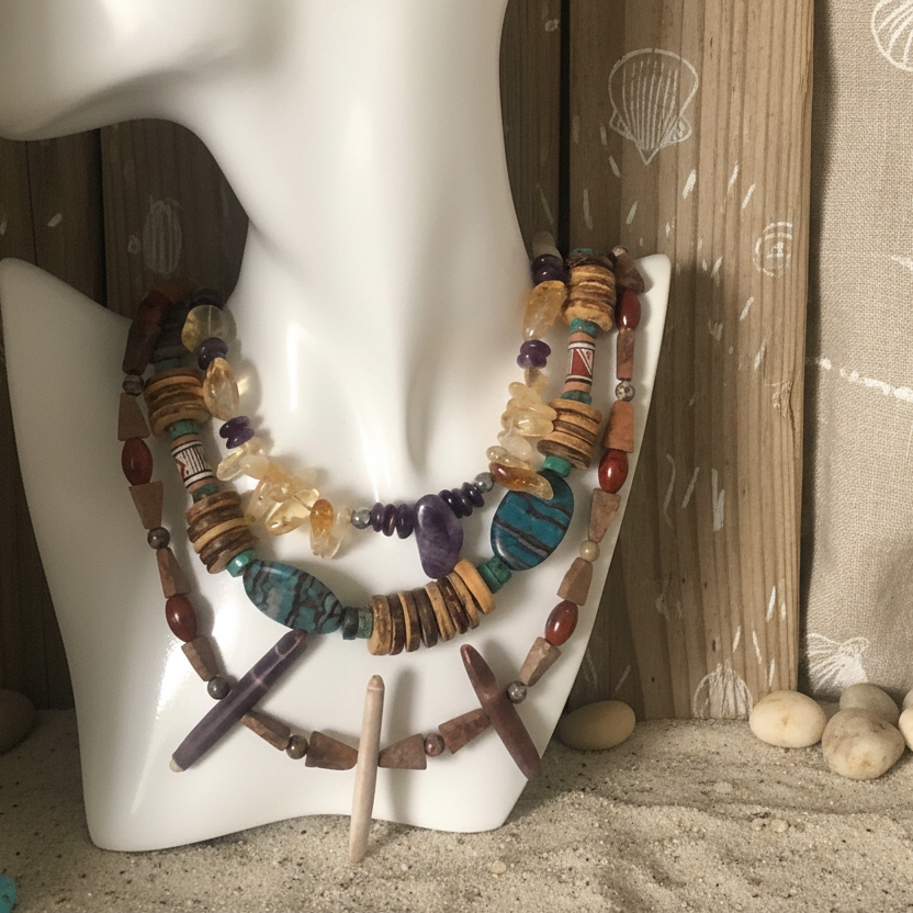 Chrysocolla, Turquoise and Coconut Shell Beaded Necklace - Silver Chamber Jewellery Store