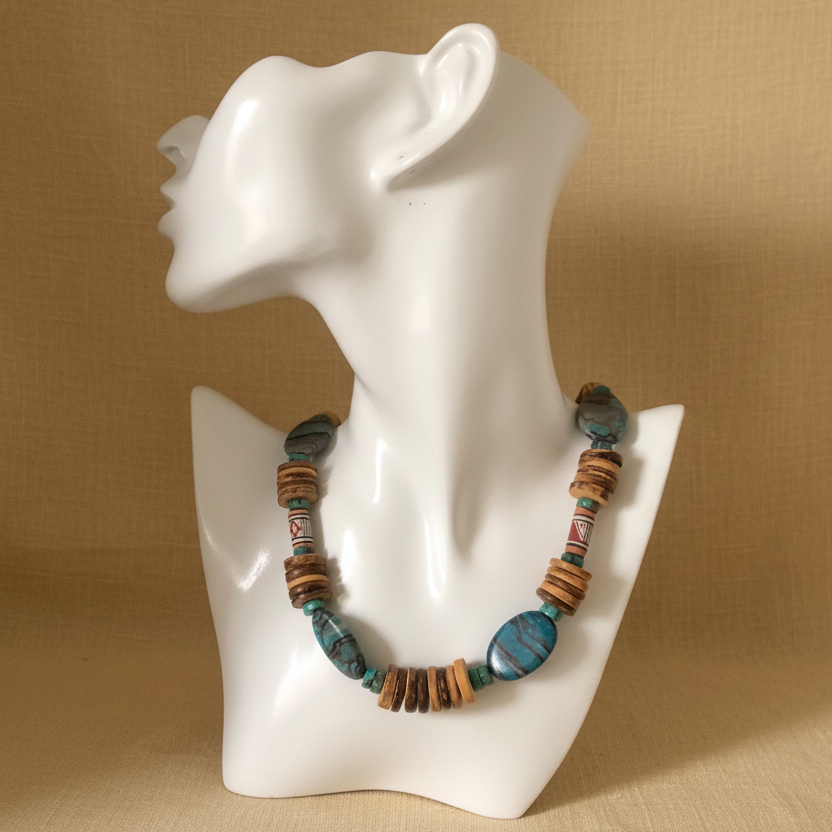 Chrysocolla, Turquoise and Coconut Shell Beaded Necklace