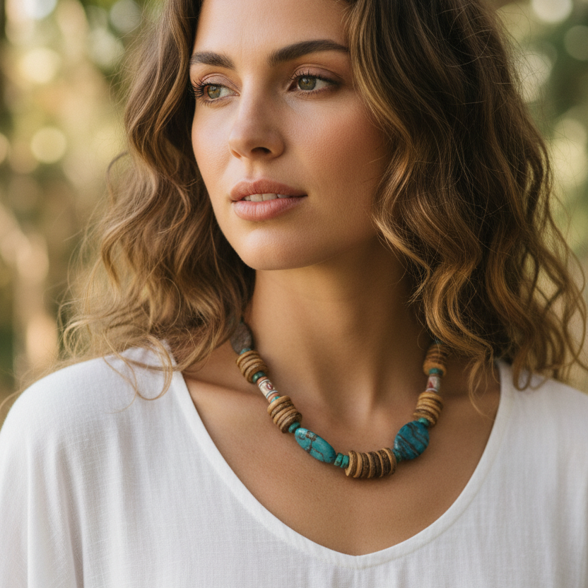 Chrysocolla, Turquoise and Coconut Shell Beaded Necklace