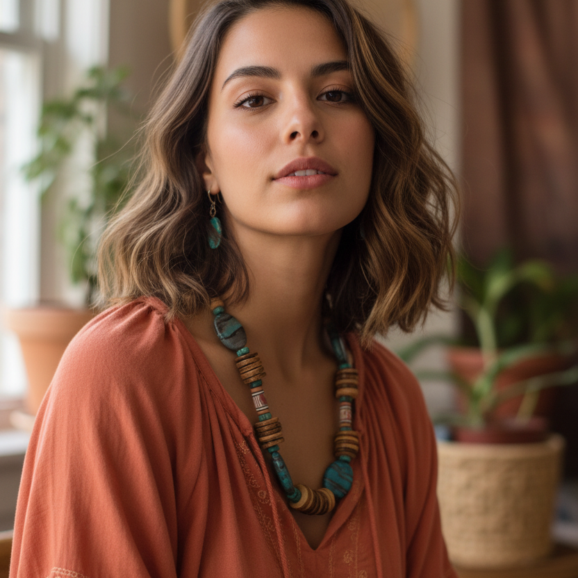 Chrysocolla, Turquoise and Coconut Shell Beaded Necklace
