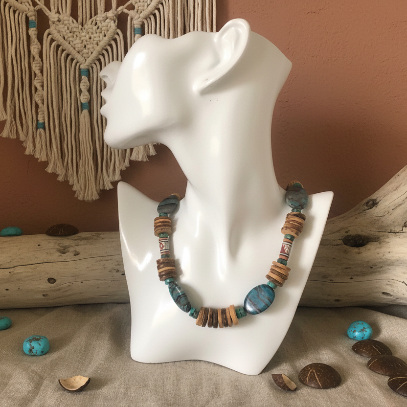 Chrysocolla, Turquoise and Coconut Shell Beaded Necklace