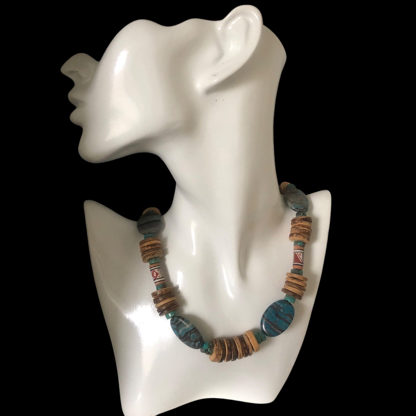 Chrysocolla, Turquoise and Coconut Shell Beaded Necklace Silver Chamber Jewellery Store