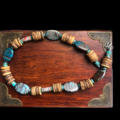 Chrysocolla, Turquoise and Coconut Shell Beaded Necklace Silver Chamber Jewellery Store