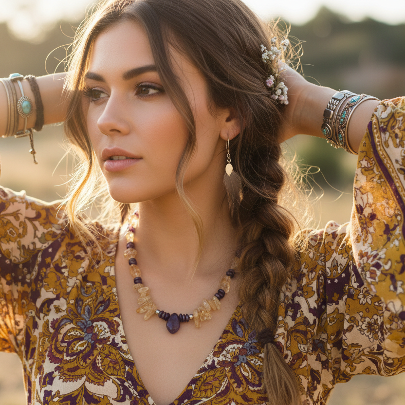 Citrine and Amethyst Beaded Necklace
