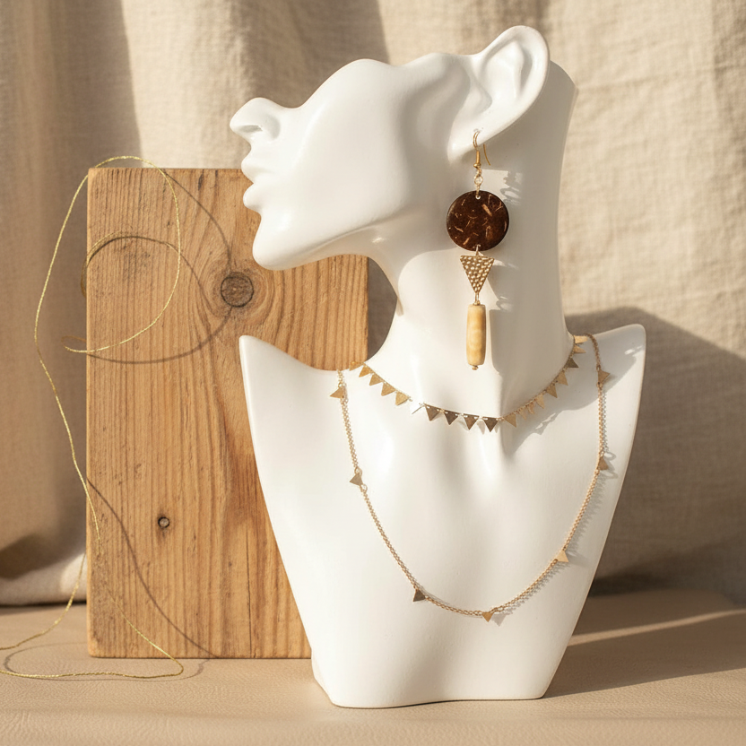 Exotic Wood Gold Plated Dangle Earrings