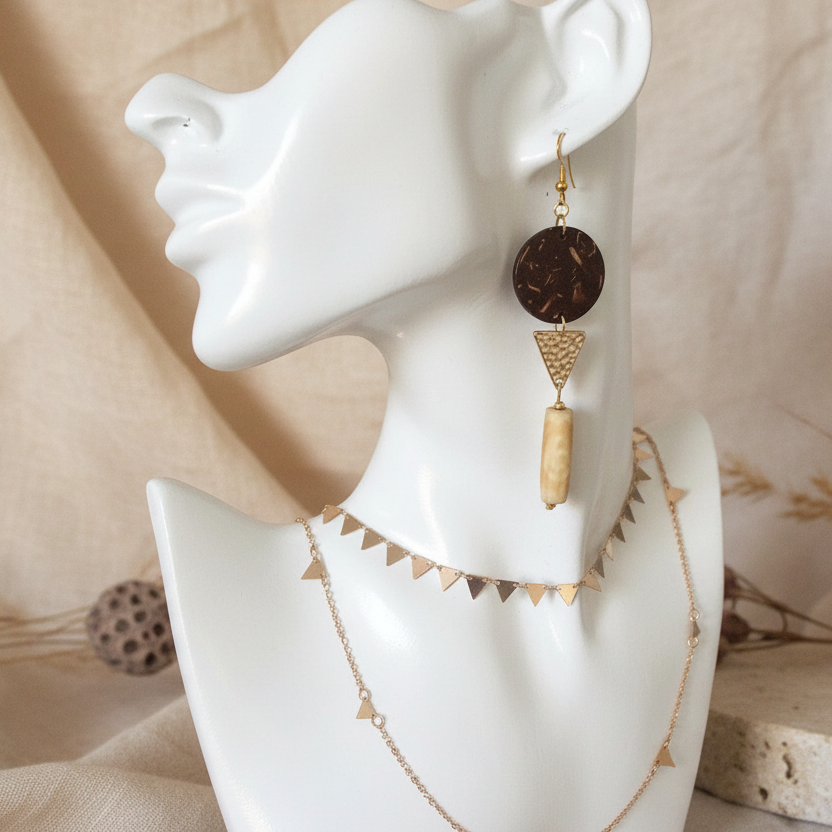 Exotic Wood Gold Plated Dangle Earrings