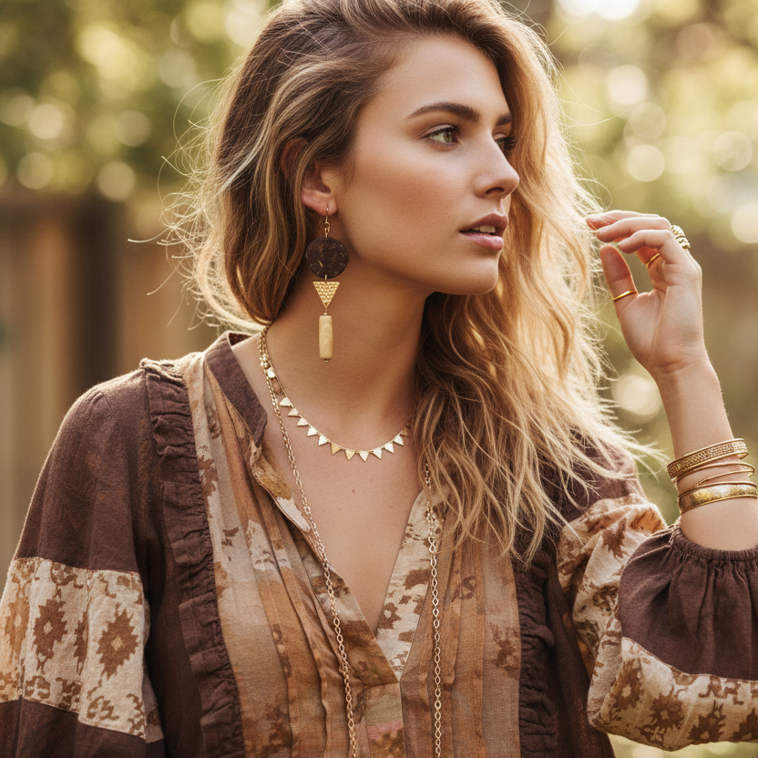 Exotic Wood Gold Plated Dangle Earrings