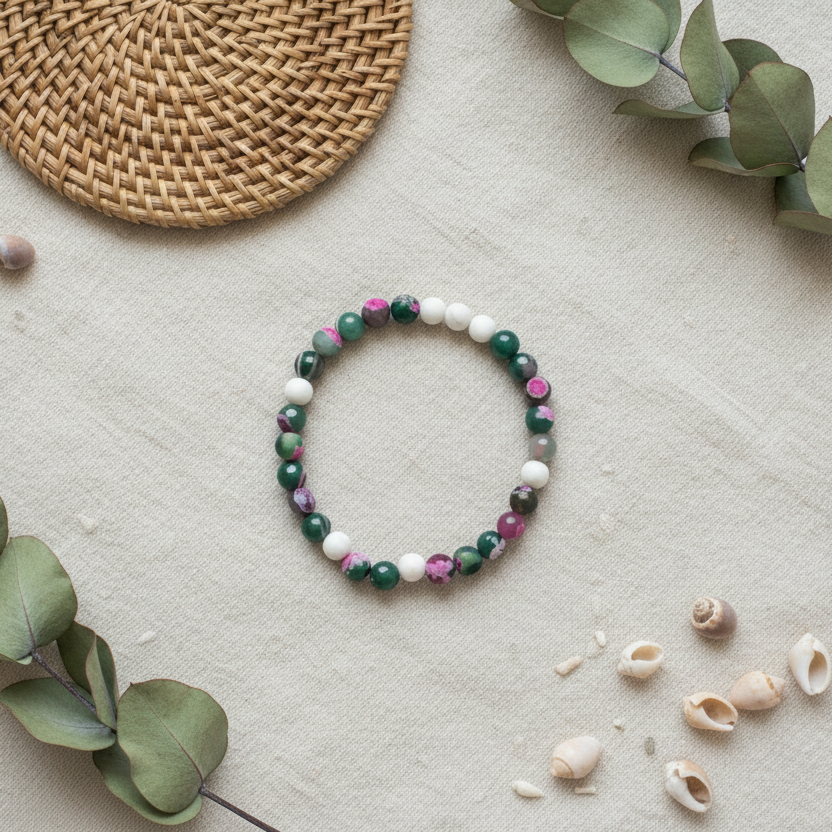 Faceted green pink agate and howlite beaded bracelet