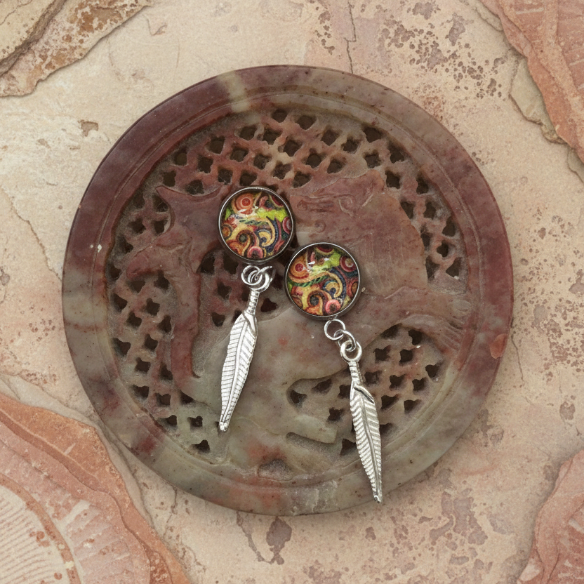 Paisley and Feathers Silver plated Stud Earrings - Multi-coloured