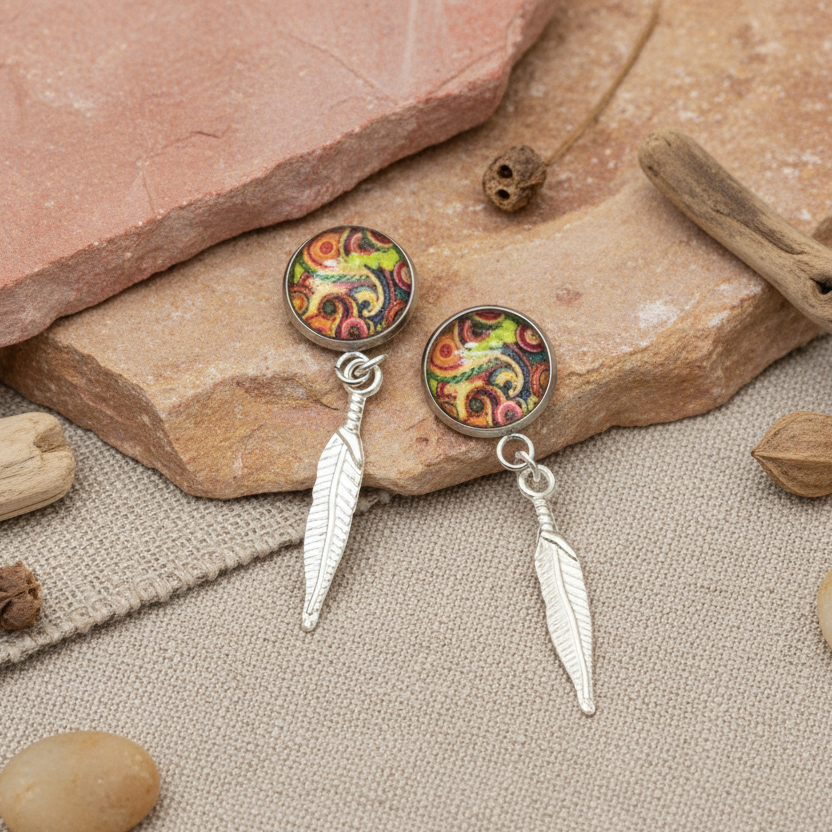 Paisley and Feathers Silver plated Stud Earrings - Multi-coloured