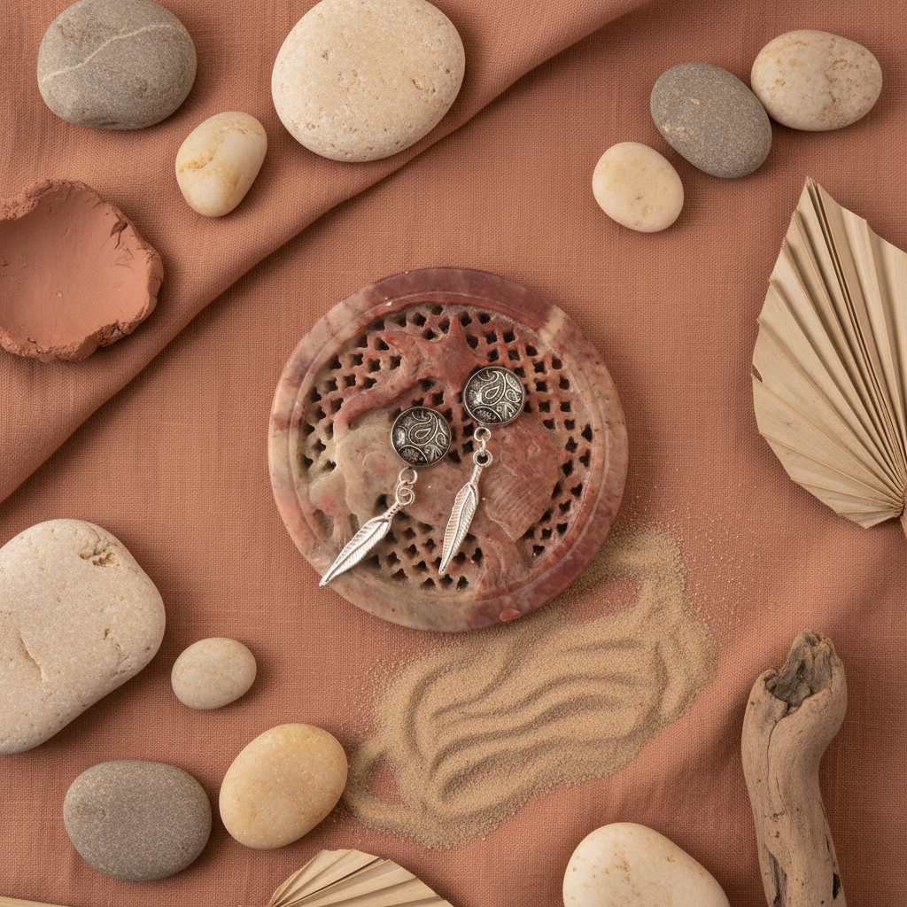 Paisley and Feathers Silver plated Stud Earrings - Gray