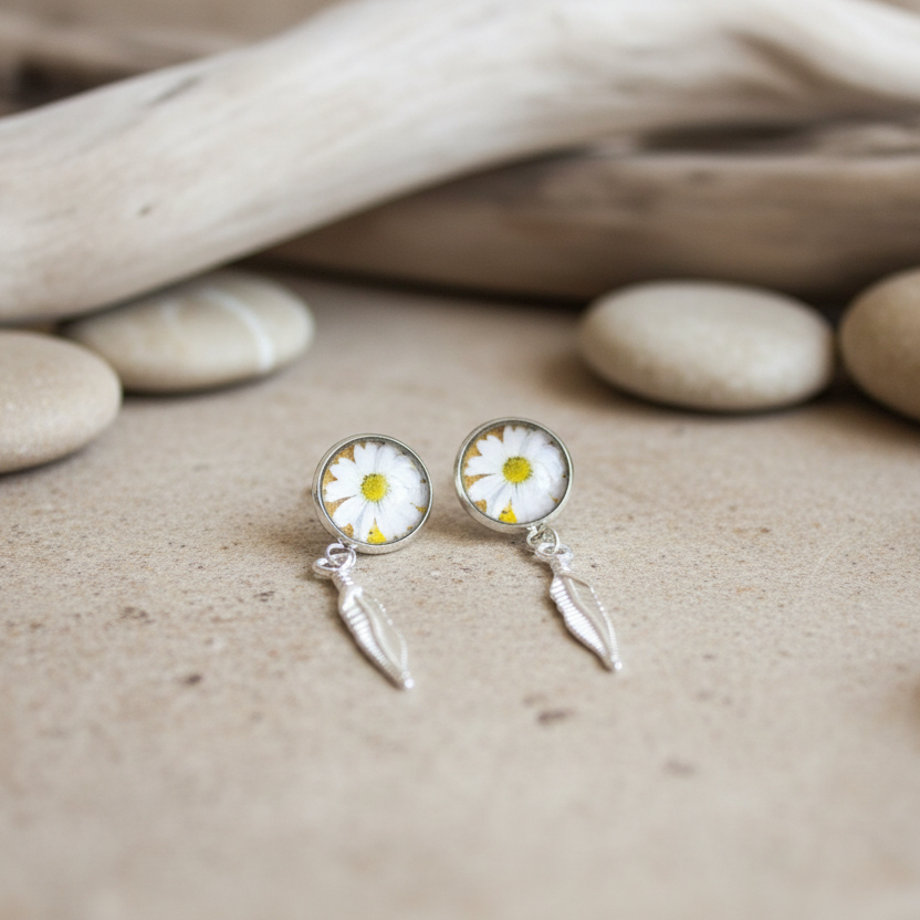Daisies and Feathers Silver Plated Stud Earrings