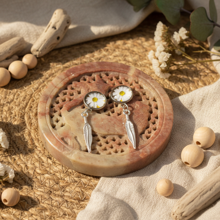 Daisies and Feathers Silver Plated Stud Earrings