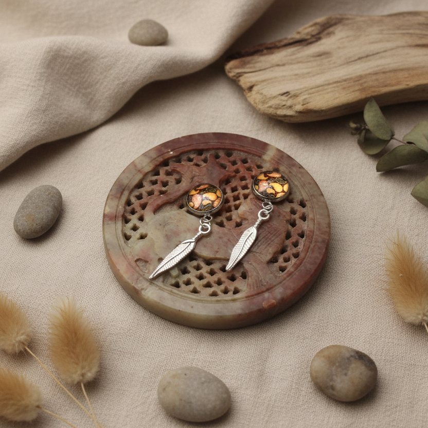 Paisley and Feathers Silver plated Stud Earrings - Orange