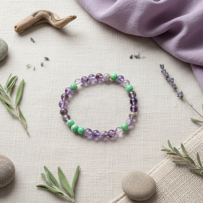 Fluorite and green jade beaded bracelet