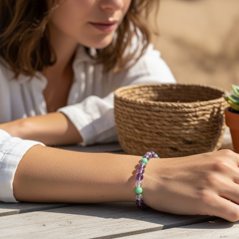 Fluorite and green jade beaded bracelet