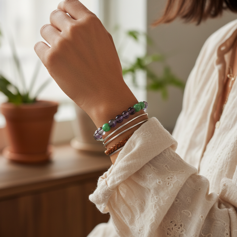 Fluorite and Green Jade Beaded Bracelet