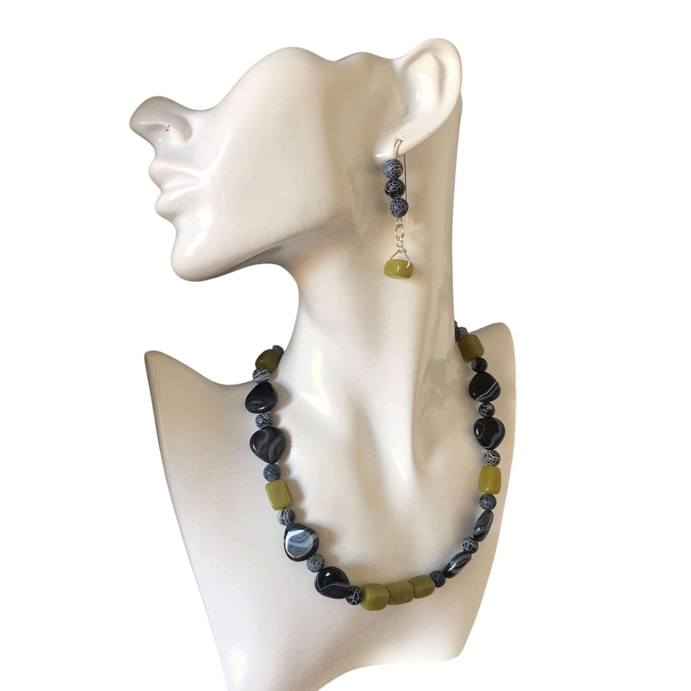 Frost Cracked Agates and Olive Jade 925 Silver Dangle Earrings Silver Chamber Jewellery Store