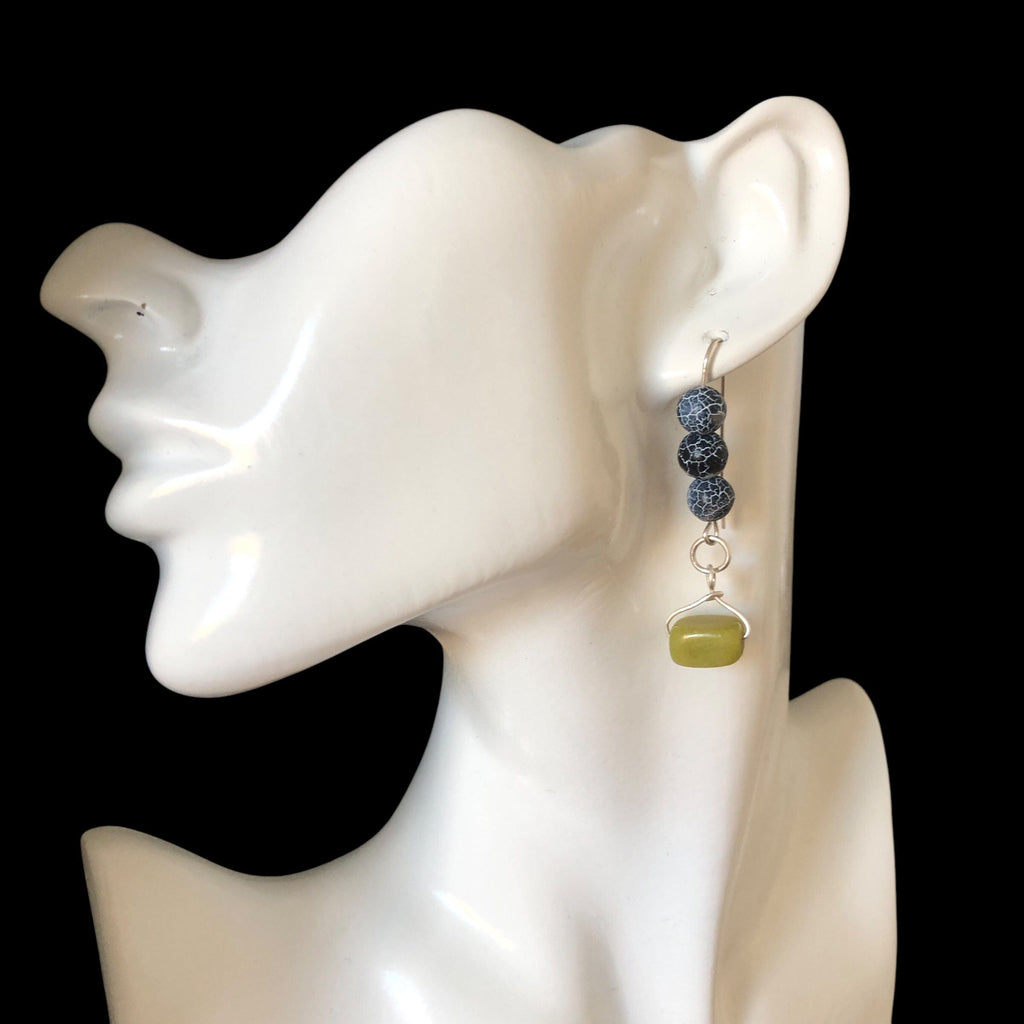 Frost Cracked Agates and Olive Jade 925 Silver Dangle Earrings Silver Chamber Jewellery Store