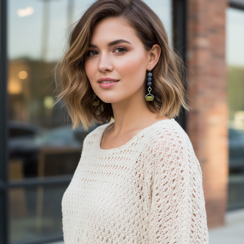 Frost Cracked Agates and Olive Jade 925 Silver Dangle Earrings