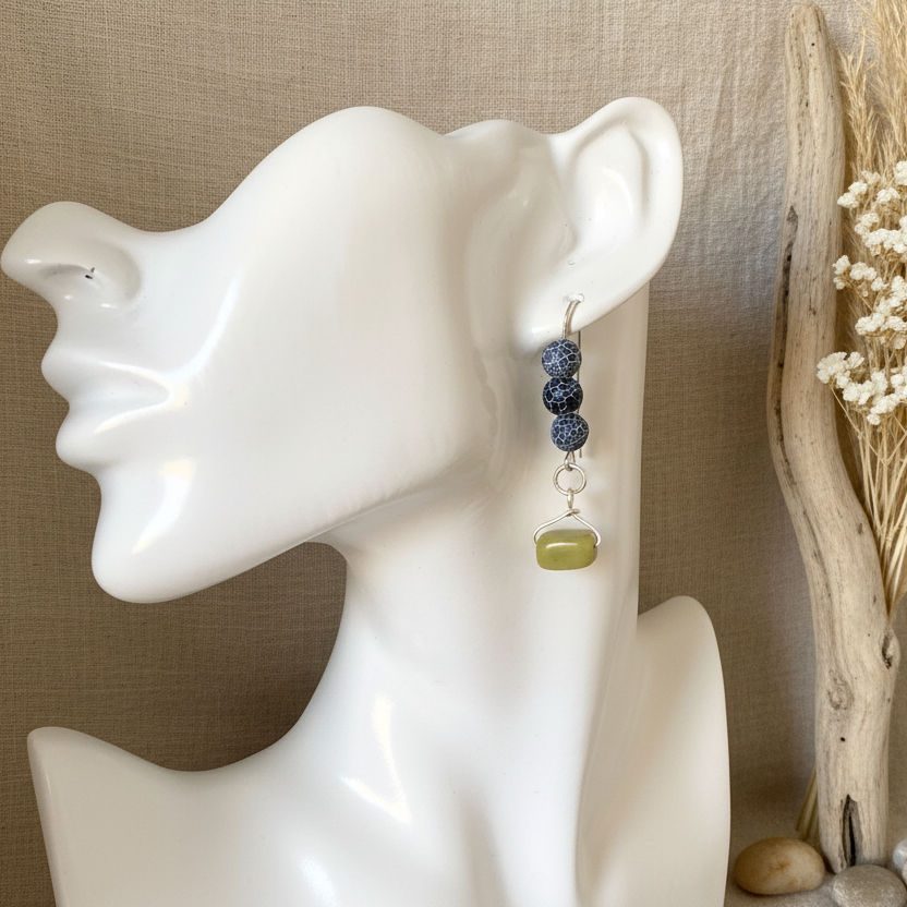 Frost Cracked Agates and Olive Jade 925 Silver Dangle Earrings