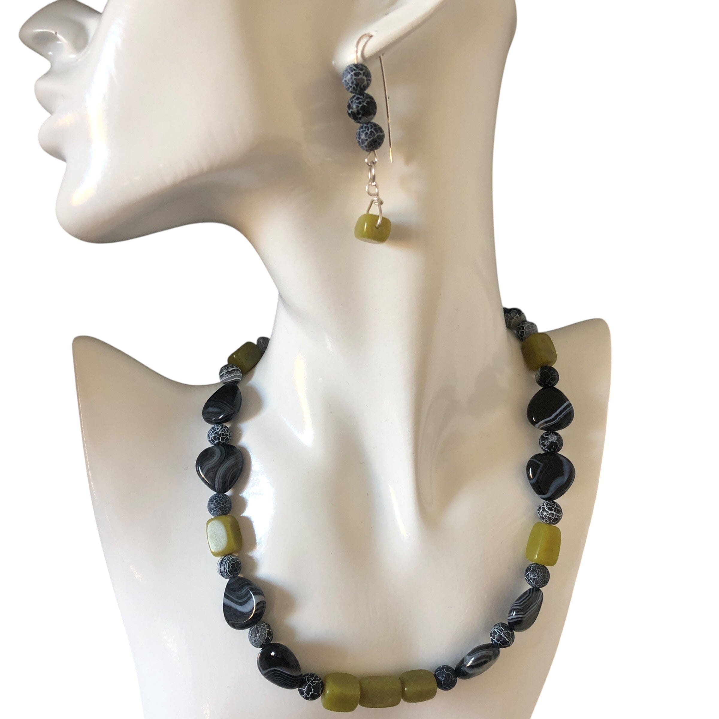 Frost Cracked Agates and Olive Jade 925 Silver Dangle Earrings Silver Chamber Jewellery Store