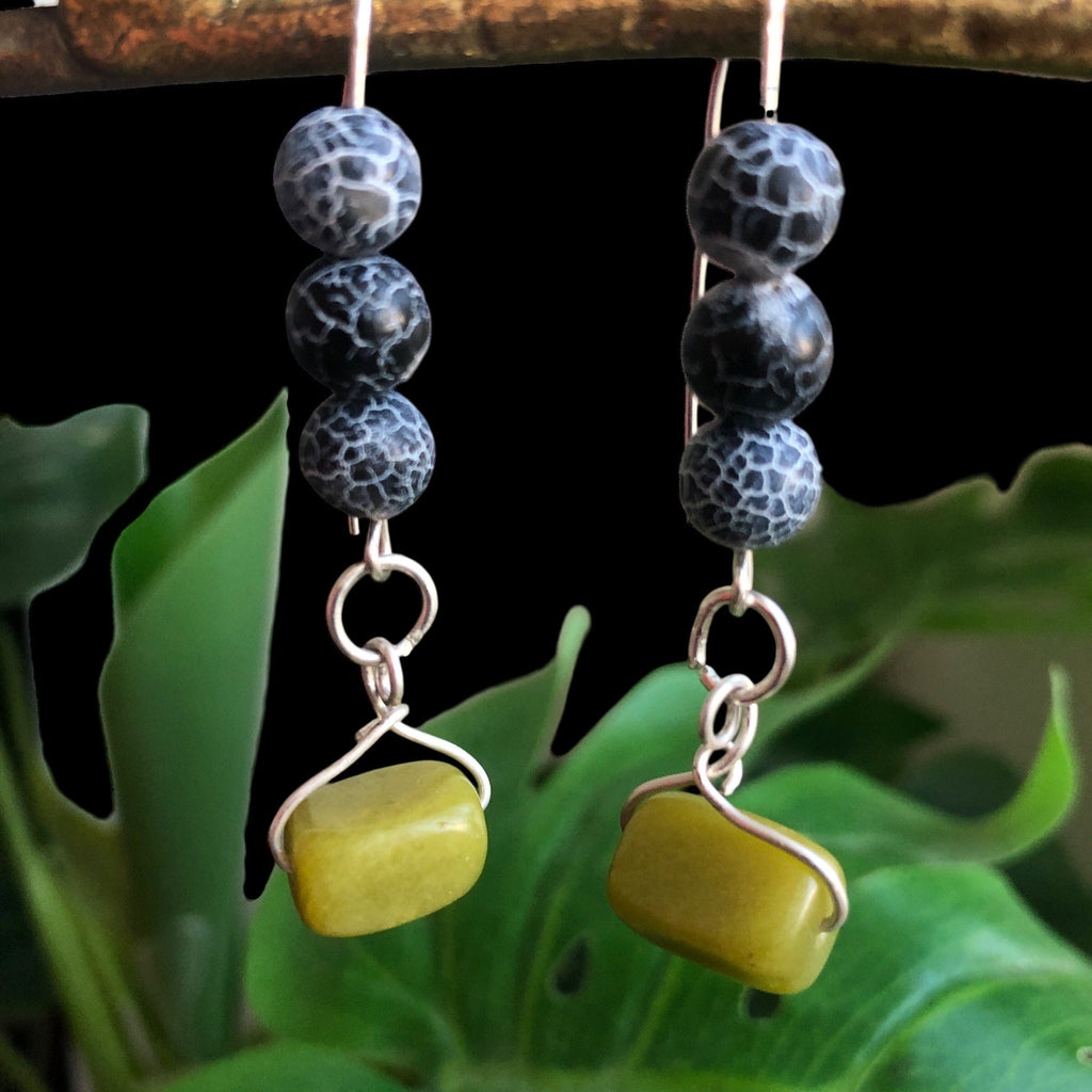 Frost Cracked Agates and Olive Jade 925 Silver Dangle Earrings Silver Chamber Jewellery Store