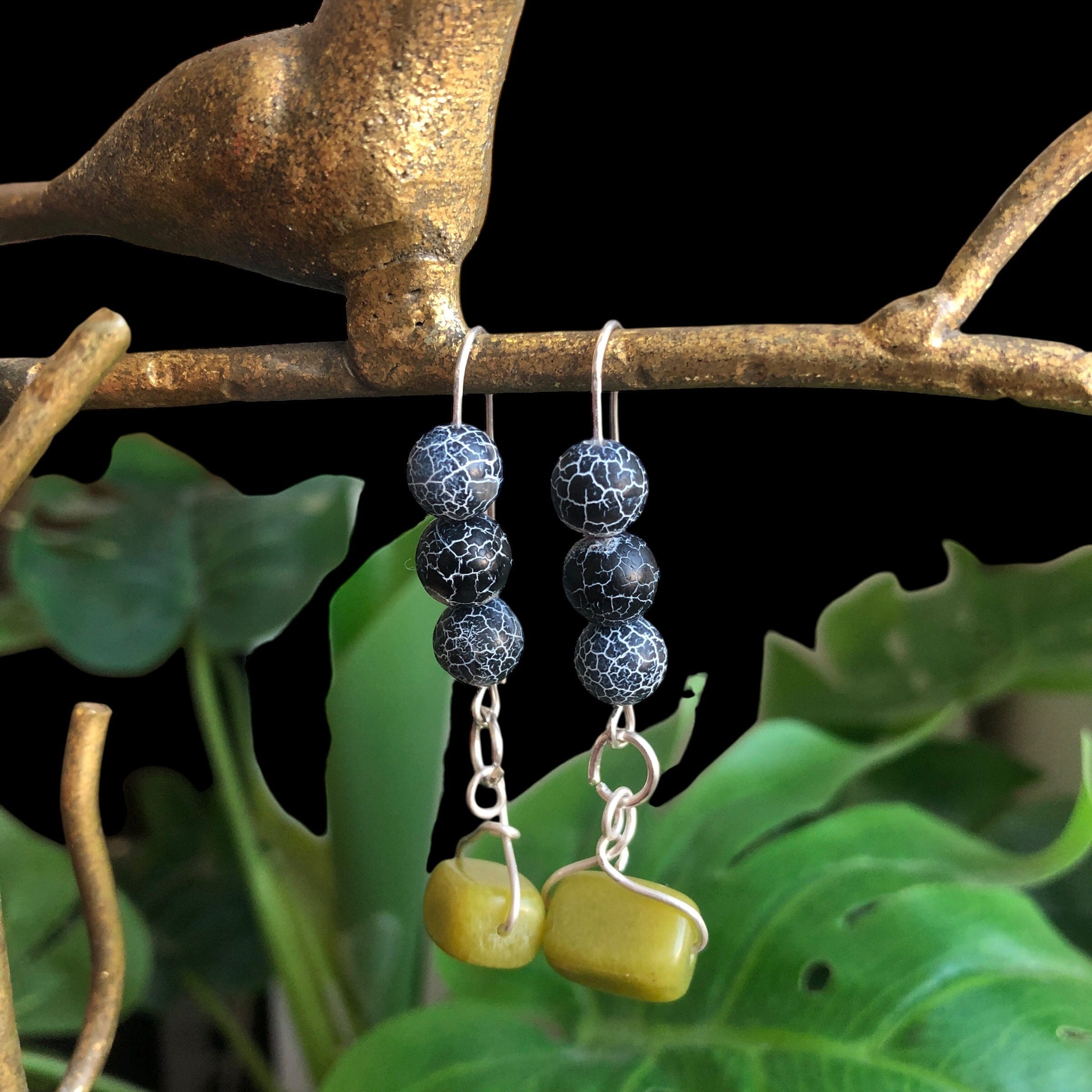 Frost Cracked Agates and Olive Jade 925 Silver Dangle Earrings Silver Chamber Jewellery Store