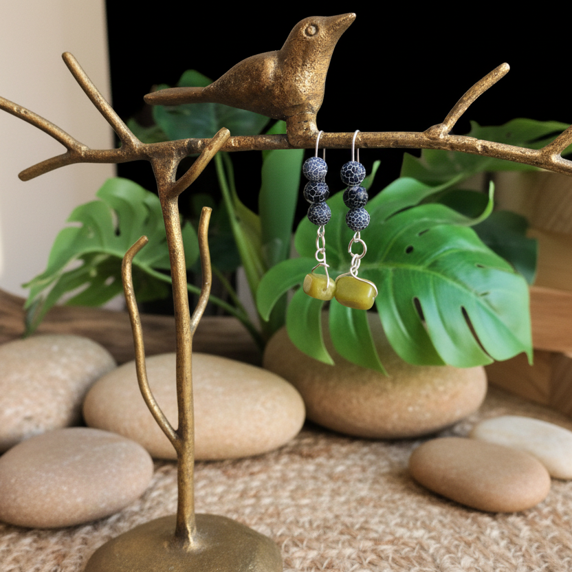 Frost Cracked Agates and Olive Jade 925 Silver Dangle Earrings