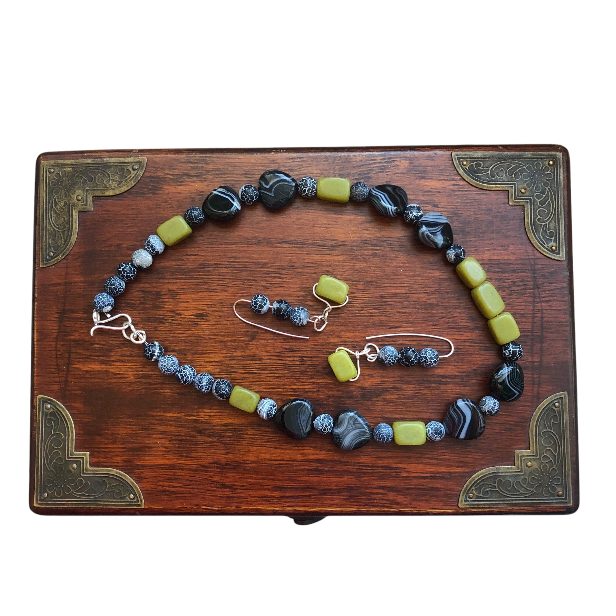 Frost Cracked Agates and Olive Jade 925 Silver Dangle Earrings Silver Chamber Jewellery Store