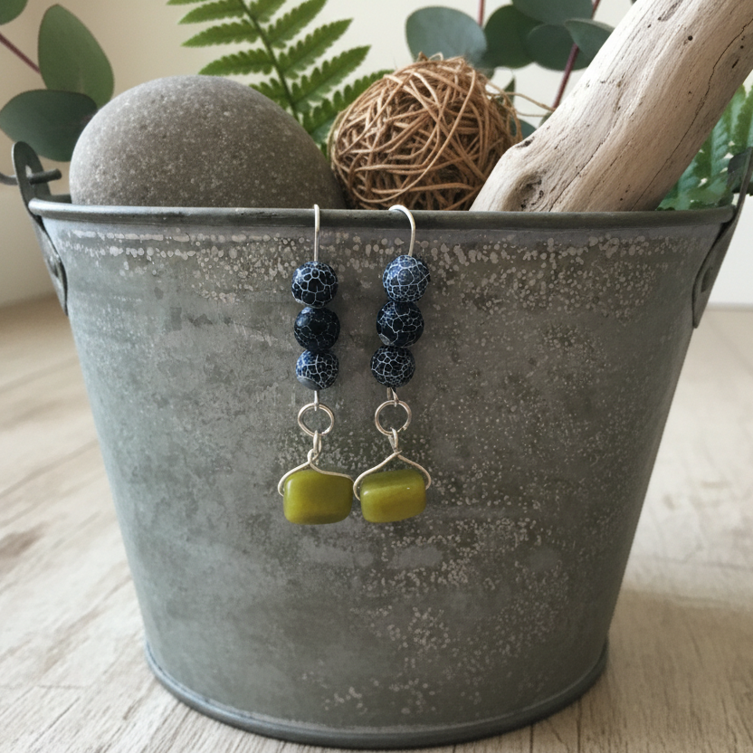 Frost Cracked Agates and Olive Jade 925 Silver Dangle Earrings