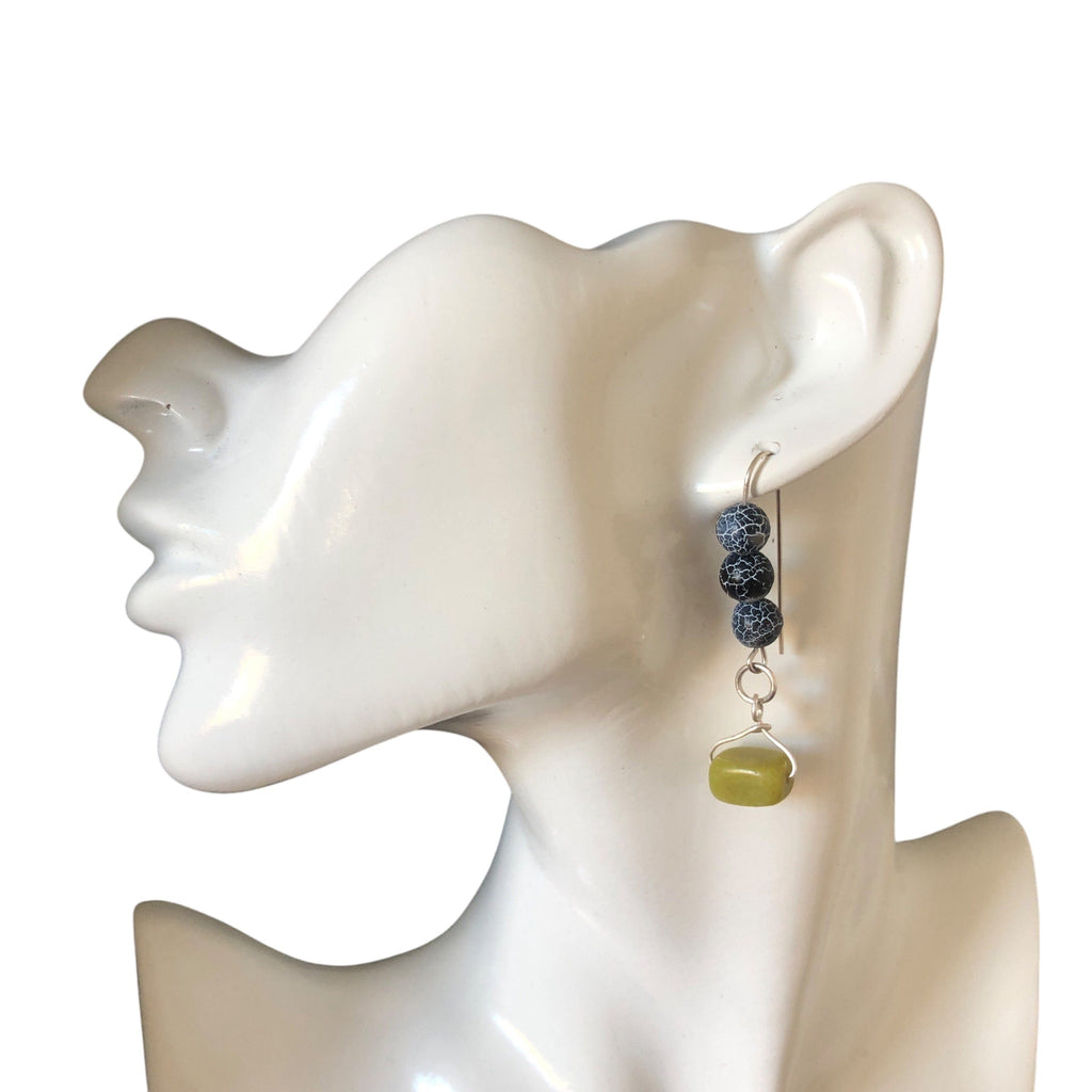 Frost Cracked Agates and Olive Jade 925 Silver Dangle Earrings Silver Chamber Jewellery Store