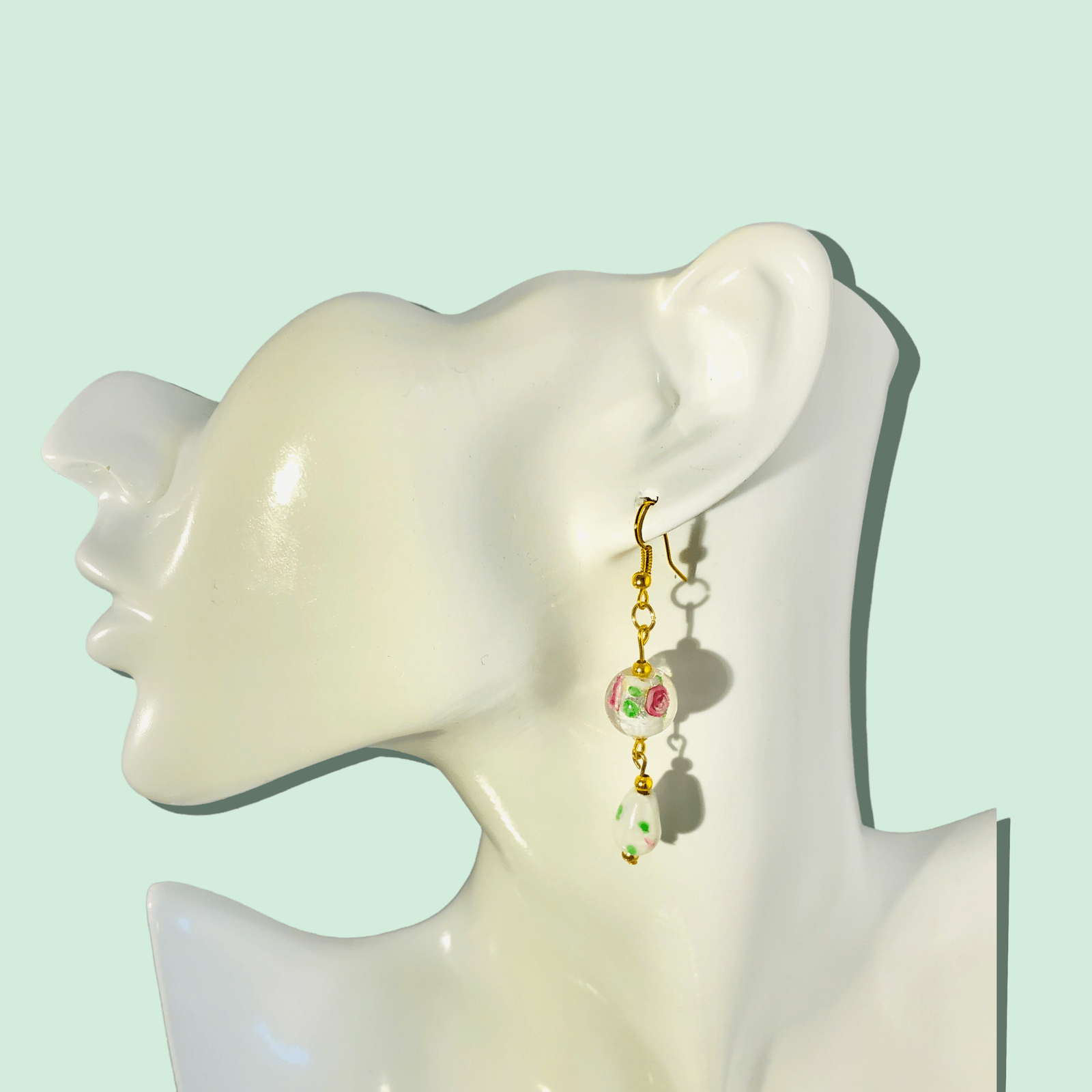 Glass Roses Gold plated Dangle Earrings, Silver Chamber Jewellery Store