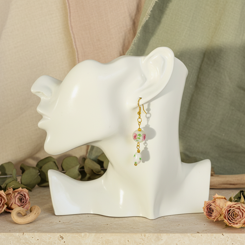 Glass Roses Gold Plated Dangle Earrings - Silver Chamber Jewellery Store