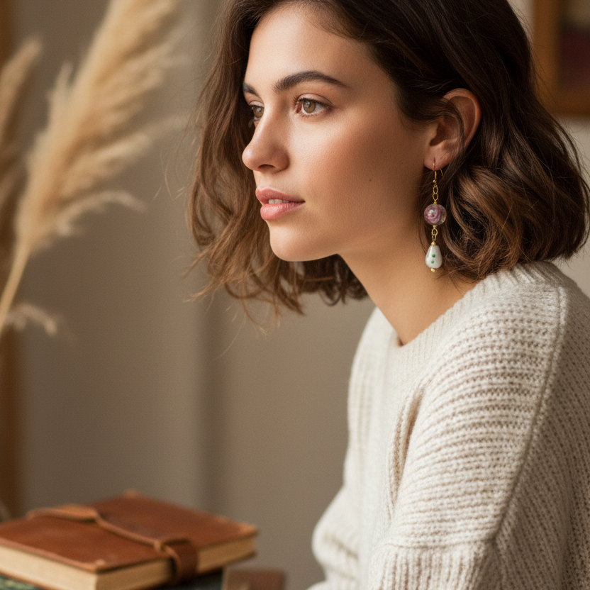 Glass Roses Gold Plated Dangle Earrings