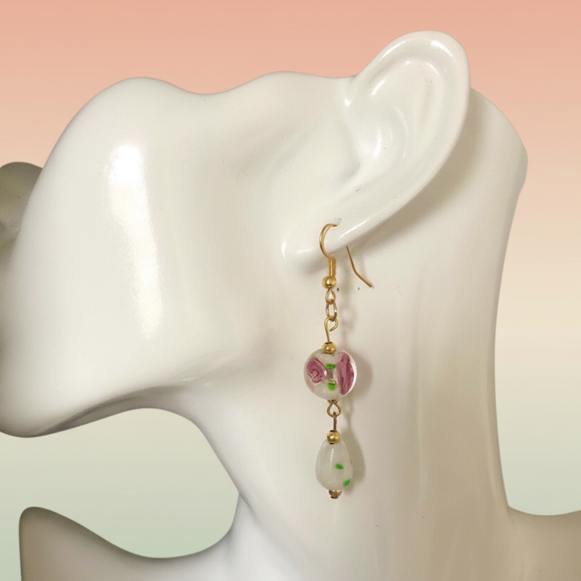 Glass Roses Gold Plated Dangle Earrings - Silver Chamber Jewellery Store