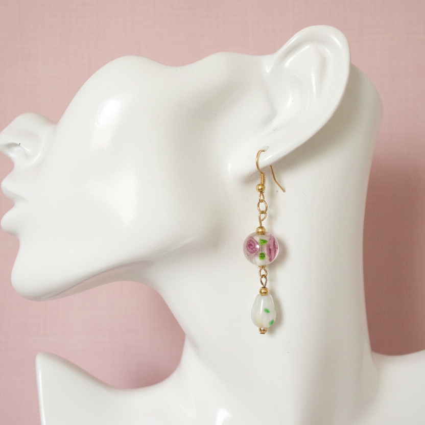 Glass Roses Gold Plated Dangle Earrings