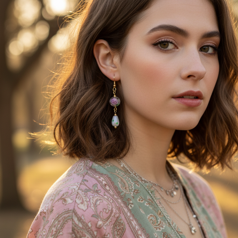 Glass Roses Gold Plated Dangle Earrings - Silver Chamber Jewellery Store