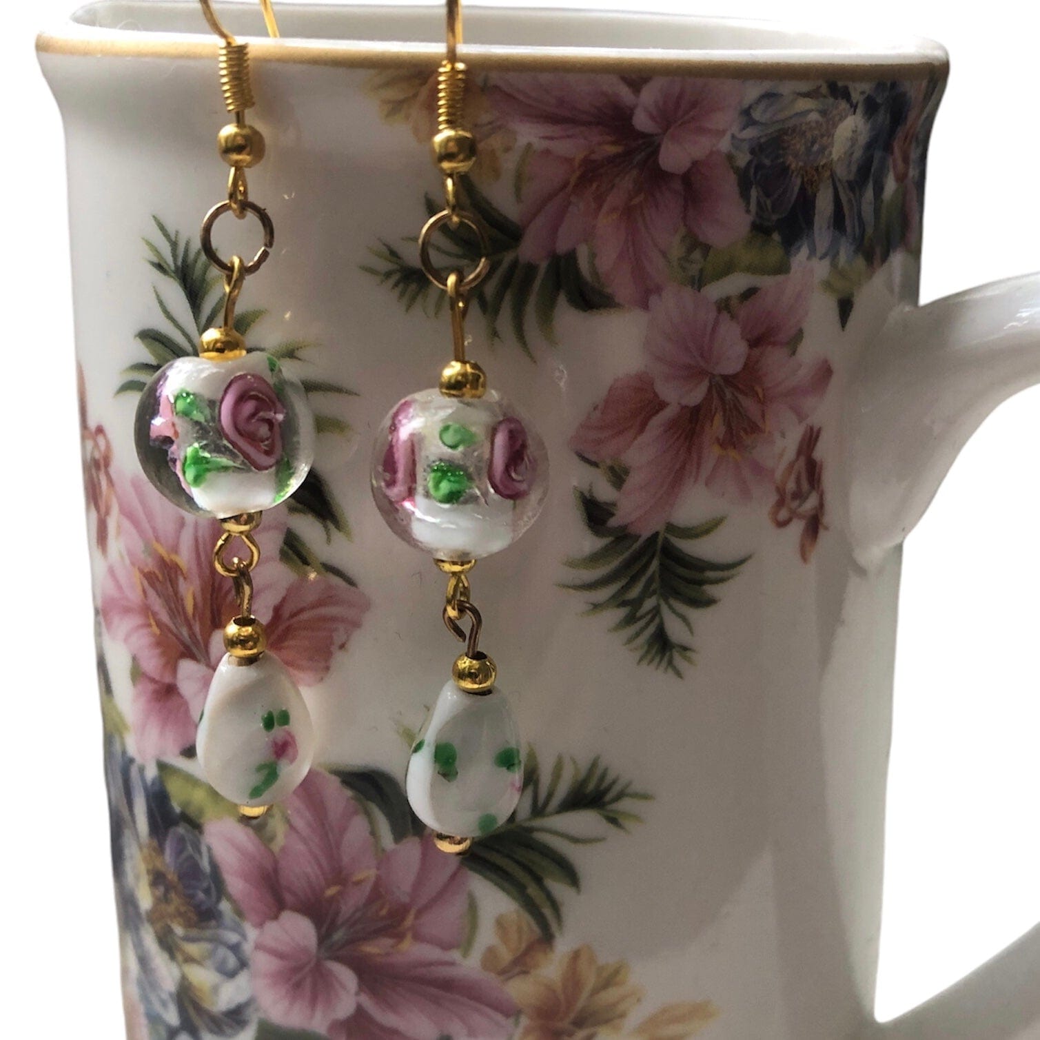 Glass Roses Gold plated Dangle Earrings, Silver Chamber Jewellery Store