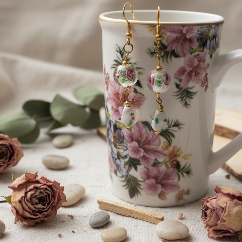 Glass Roses Gold Plated Dangle Earrings - Silver Chamber Jewellery Store