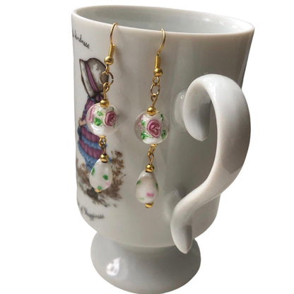Glass Roses Gold plated Dangle Earrings, Silver Chamber Jewellery Store