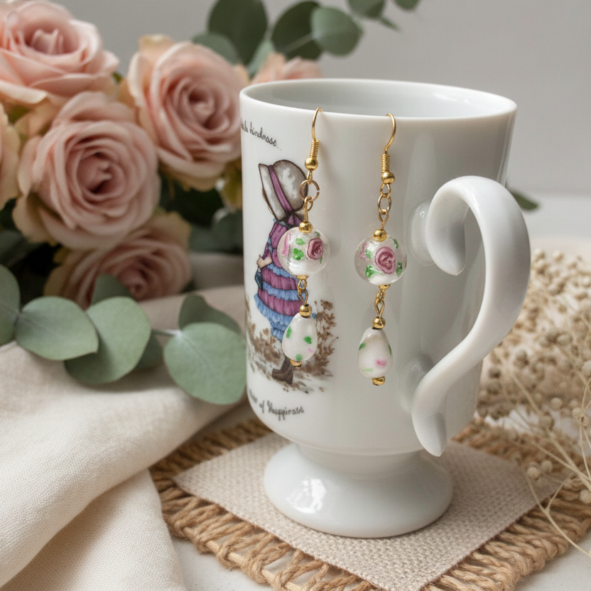 Glass Roses Gold Plated Dangle Earrings - Silver Chamber Jewellery Store