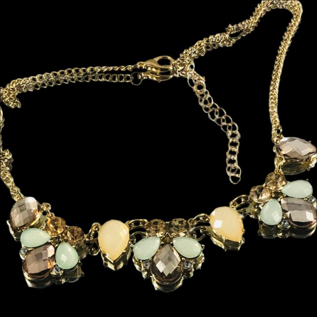 Gold Shade Vintage Style Bib Necklace with Pastel Crystals Silver Chamber Jewellery Store